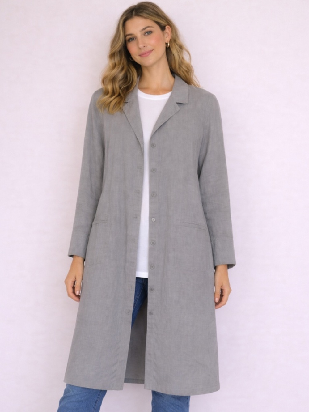 Eileen Fisher Gray Linen Blend Jacket or Dress Button Front Collared 1X